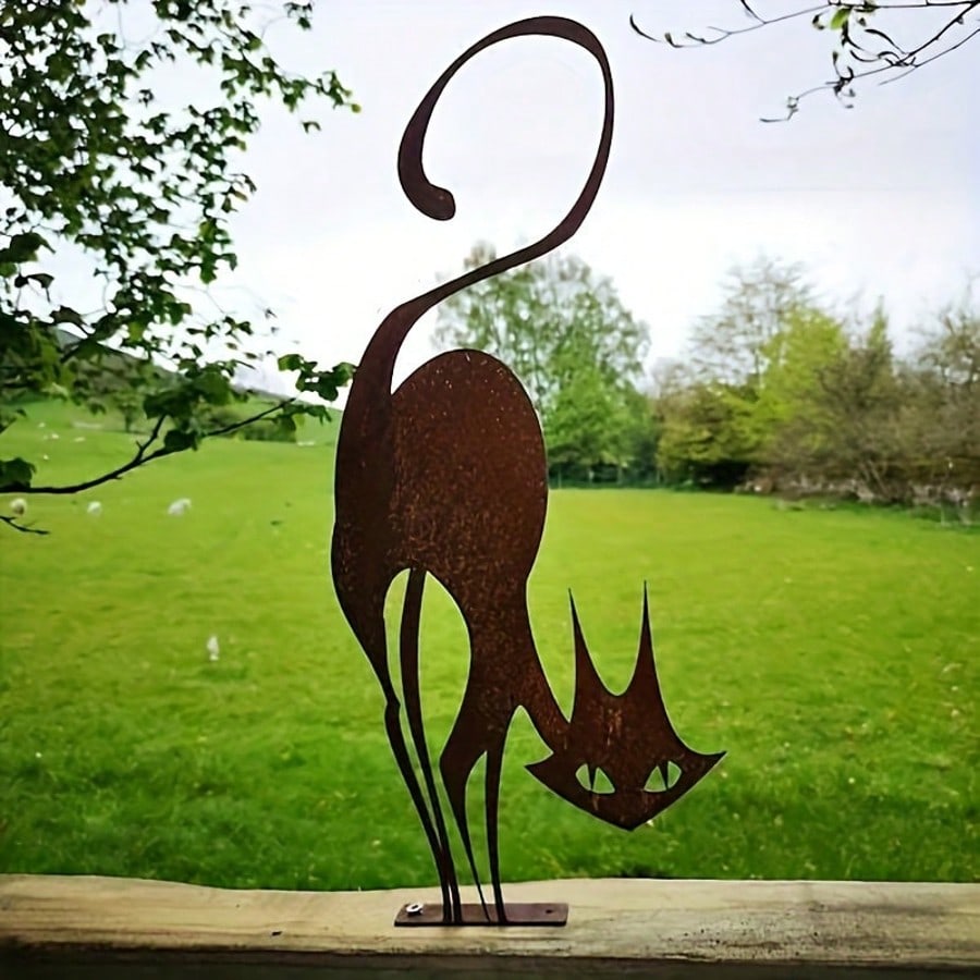 Outdoor Halloween Garden Rust Metal Cat Fence Decorations, Metal Cat Fence Top Hat Decoration Metal Cat Silhouette Metal Fence Art Decoration Cat Garden Statue.The Product Is Specially Made In A Rusty Metal Style!,Suitable For Garden,Garden Decor,Holiday