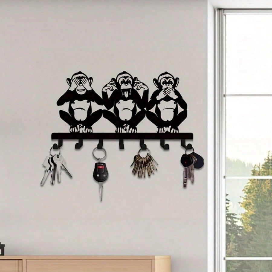 1 PC Charming Three Monkeys Metal Wall Art With Key Hooks - Easy To Install, Suitable For Jackets, Hats, Towels, Inspired By Nature Modern Wall Decor. Room Decor Bedroom Decor Home Decor