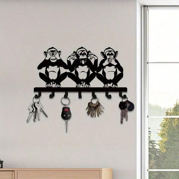 1 PC Charming Three Monkeys Metal Wall Art With Key Hooks - Easy To Install, Suitable For Jackets, Hats, Towels, Inspired By Nature Modern Wall Decor. Room Decor Bedroom Decor Home Decor