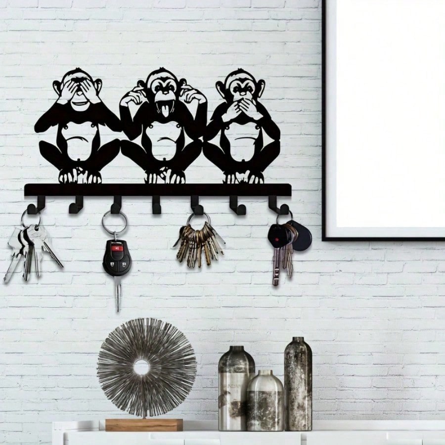 1 PC Charming Three Monkeys Metal Wall Art With Key Hooks - Easy To Install, Suitable For Jackets, Hats, Towels, Inspired By Nature Modern Wall Decor. Room Decor Bedroom Decor Home Decor
