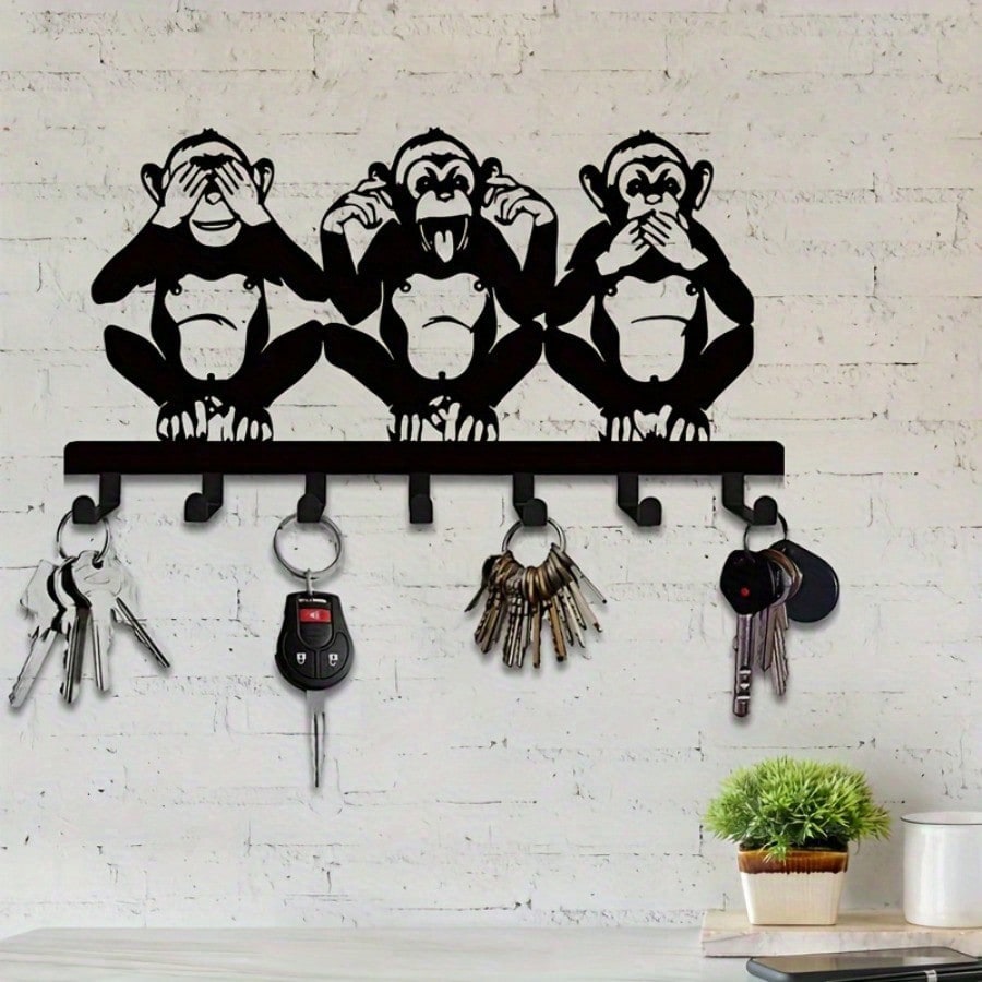 1 PC Charming Three Monkeys Metal Wall Art With Key Hooks - Easy To Install, Suitable For Jackets, Hats, Towels, Inspired By Nature Modern Wall Decor. Room Decor Bedroom Decor Home Decor