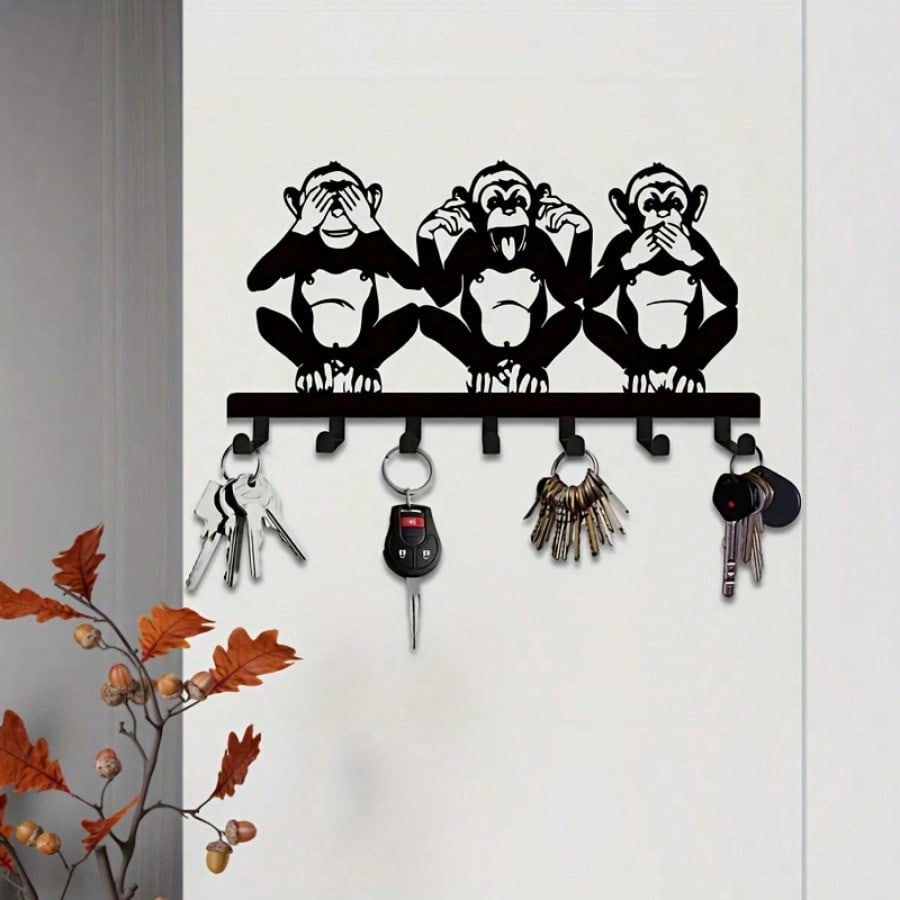 1 PC Charming Three Monkeys Metal Wall Art With Key Hooks - Easy To Install, Suitable For Jackets, Hats, Towels, Inspired By Nature Modern Wall Decor. Room Decor Bedroom Decor Home Decor