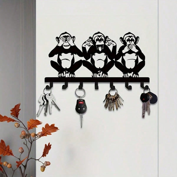 1 PC Charming Three Monkeys Metal Wall Art With Key Hooks - Easy To Install, Suitable For Jackets, Hats, Towels, Inspired By Nature Modern Wall Decor. Room Decor Bedroom Decor Home Decor
