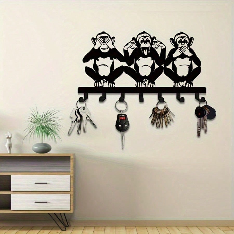 1 PC Charming Three Monkeys Metal Wall Art With Key Hooks - Easy To Install, Suitable For Jackets, Hats, Towels, Inspired By Nature Modern Wall Decor. Room Decor Bedroom Decor Home Decor