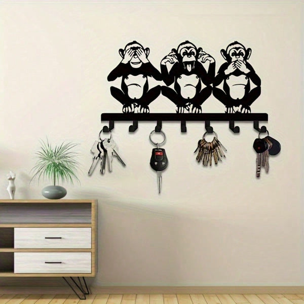 1 PC Charming Three Monkeys Metal Wall Art With Key Hooks - Easy To Install, Suitable For Jackets, Hats, Towels, Inspired By Nature Modern Wall Decor. Room Decor Bedroom Decor Home Decor