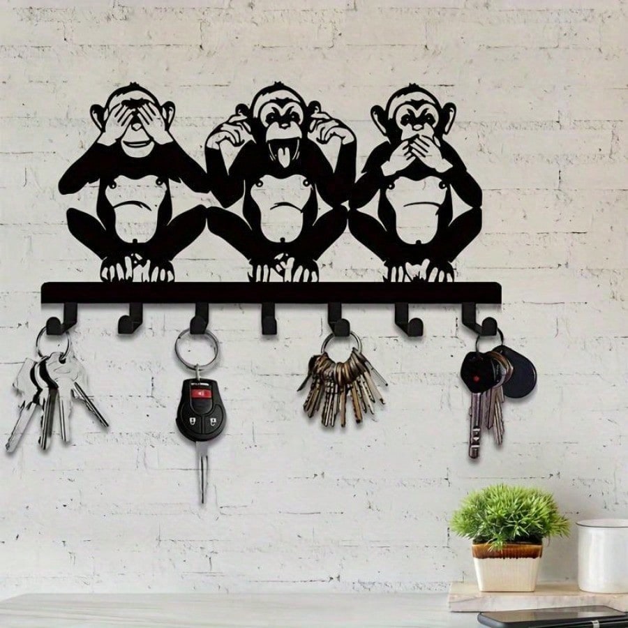 1 PC Charming Three Monkeys Metal Wall Art With Key Hooks - Easy To Install, Suitable For Jackets, Hats, Towels, Inspired By Nature Modern Wall Decor. Room Decor Bedroom Decor Home Decor