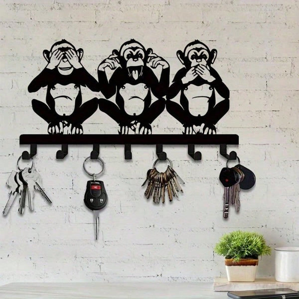 1 PC Charming Three Monkeys Metal Wall Art With Key Hooks - Easy To Install, Suitable For Jackets, Hats, Towels, Inspired By Nature Modern Wall Decor. Room Decor Bedroom Decor Home Decor