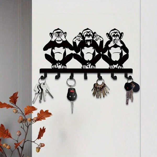 1 PC Charming Three Monkeys Metal Wall Art With Key Hooks - Easy To Install, Suitable For Jackets, Hats, Towels, Inspired By Nature Modern Wall Decor. Room Decor Bedroom Decor Home Decor