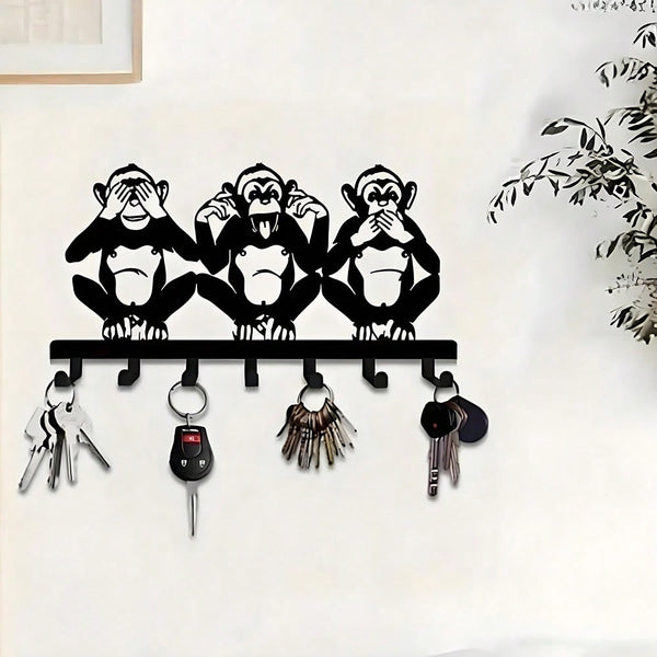 1 PC Charming Three Monkeys Metal Wall Art With Key Hooks - Easy To Install, Suitable For Jackets, Hats, Towels, Inspired By Nature Modern Wall Decor. Room Decor Bedroom Decor Home Decor