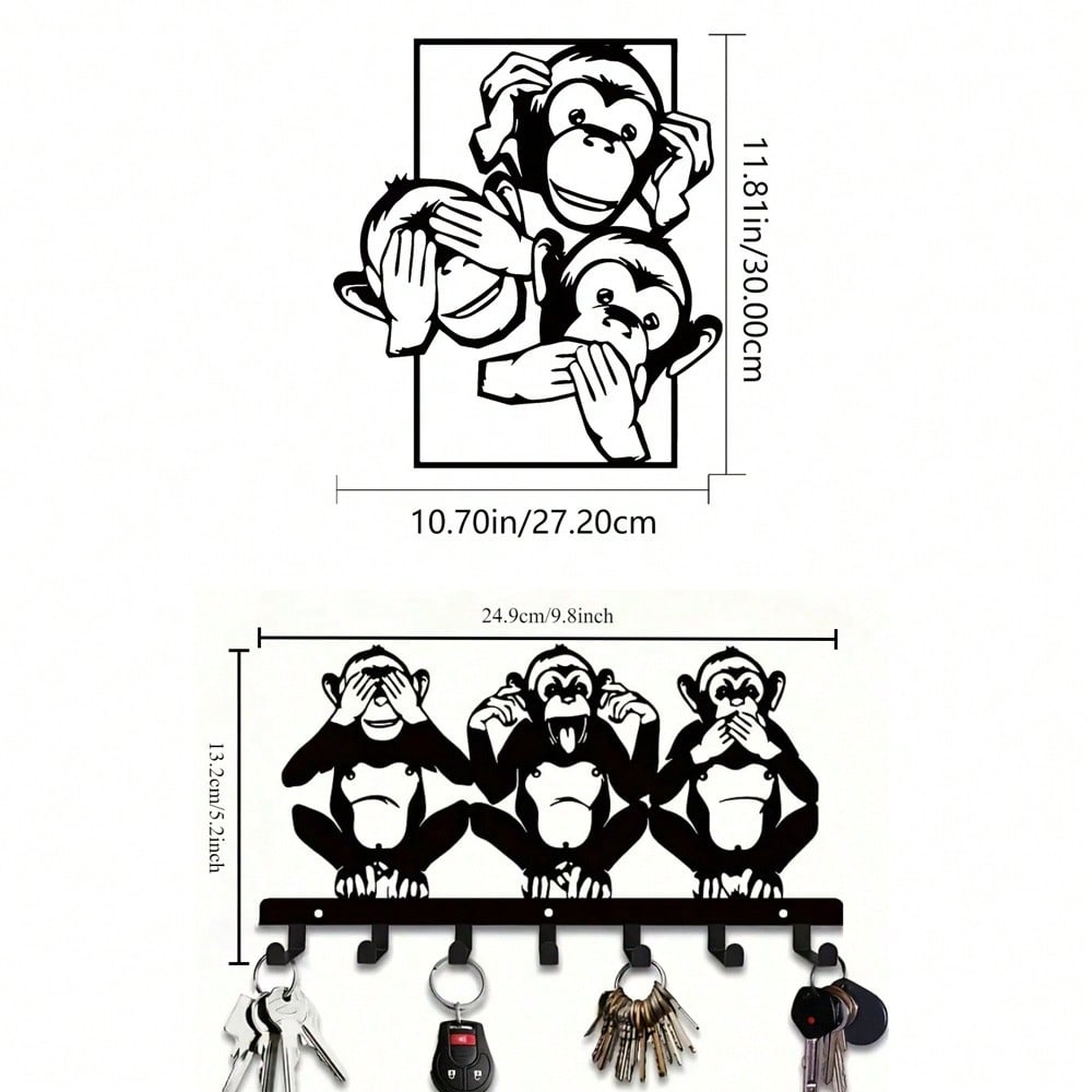 1 PC Charming Three Monkeys Metal Wall Art With Key Hooks - Easy To Install, Suitable For Jackets, Hats, Towels, Inspired By Nature Modern Wall Decor. Room Decor Bedroom Decor Home Decor