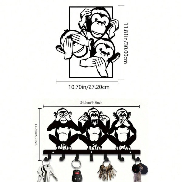 1 PC Charming Three Monkeys Metal Wall Art With Key Hooks - Easy To Install, Suitable For Jackets, Hats, Towels, Inspired By Nature Modern Wall Decor. Room Decor Bedroom Decor Home Decor