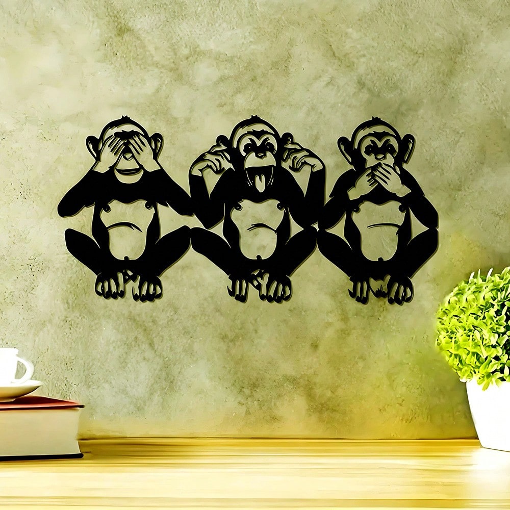 One-Piece Monkey Decoration: "See No Evil, Hear No Evil" Metal Sculpture. Perfect Gift. Suitable For Modern Home Decor, Home Decoration, Room Decor, Bedroom Decor, Bathroom Decor, Waterproof, Rust Proof And Durable,Wall Decor Main image