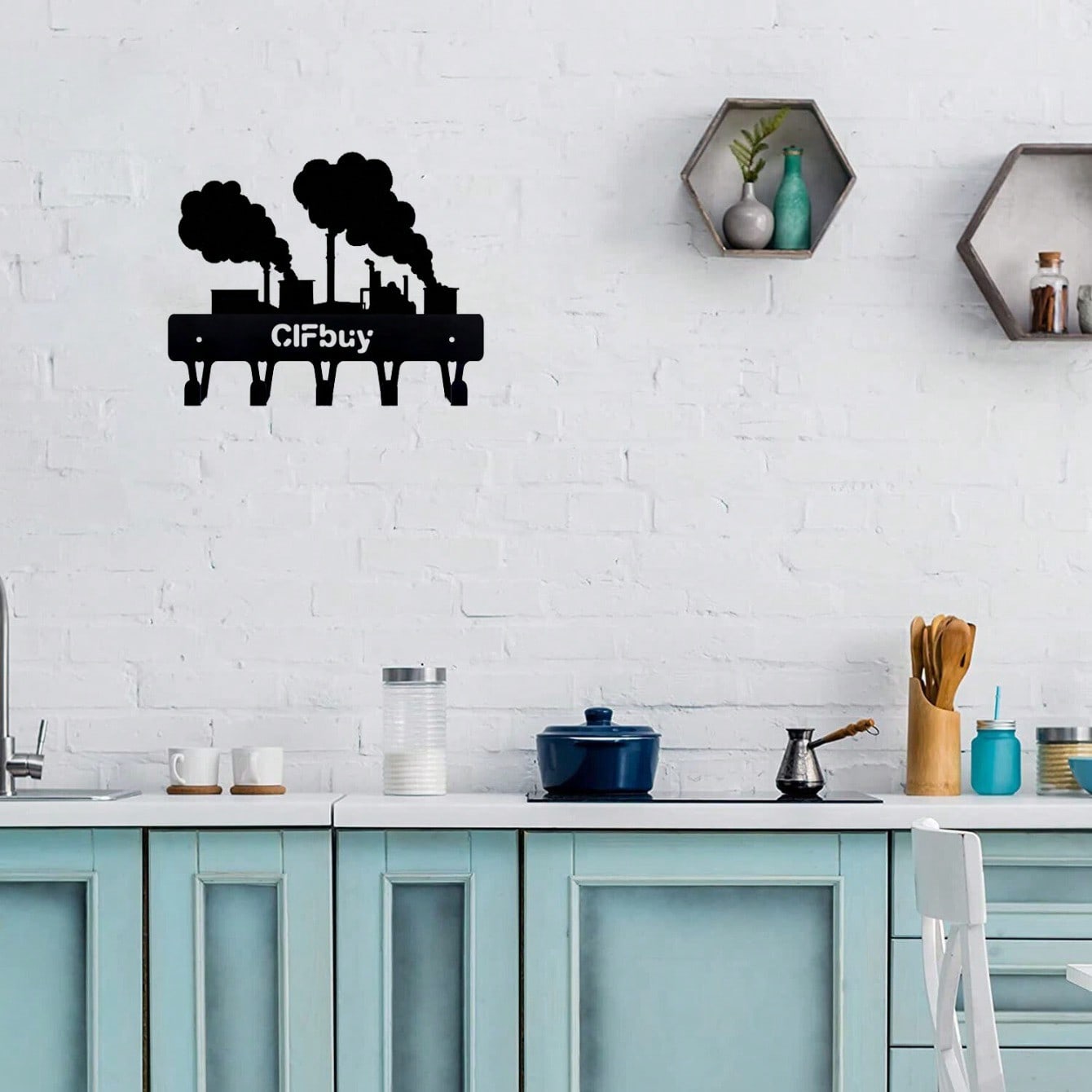 1 industrial cityscape wall-mounted hook - vintage wrought iron keychain, entrance storage rack for coats, hats, towels, bags and accessories, black modern farmhouse decor Main image