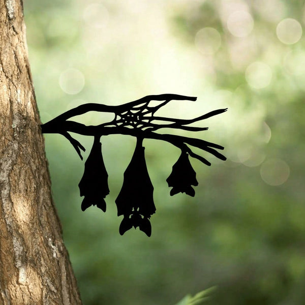 1 Halloween iron silhouette hanging three-bat shaped stump garden hollow sculpture ornament, metal inlay, ground wrought iron artwork