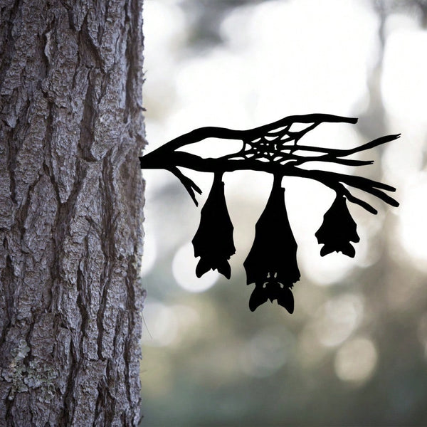 1 Halloween iron silhouette hanging three-bat shaped stump garden hollow sculpture ornament, metal inlay, ground wrought iron artwork