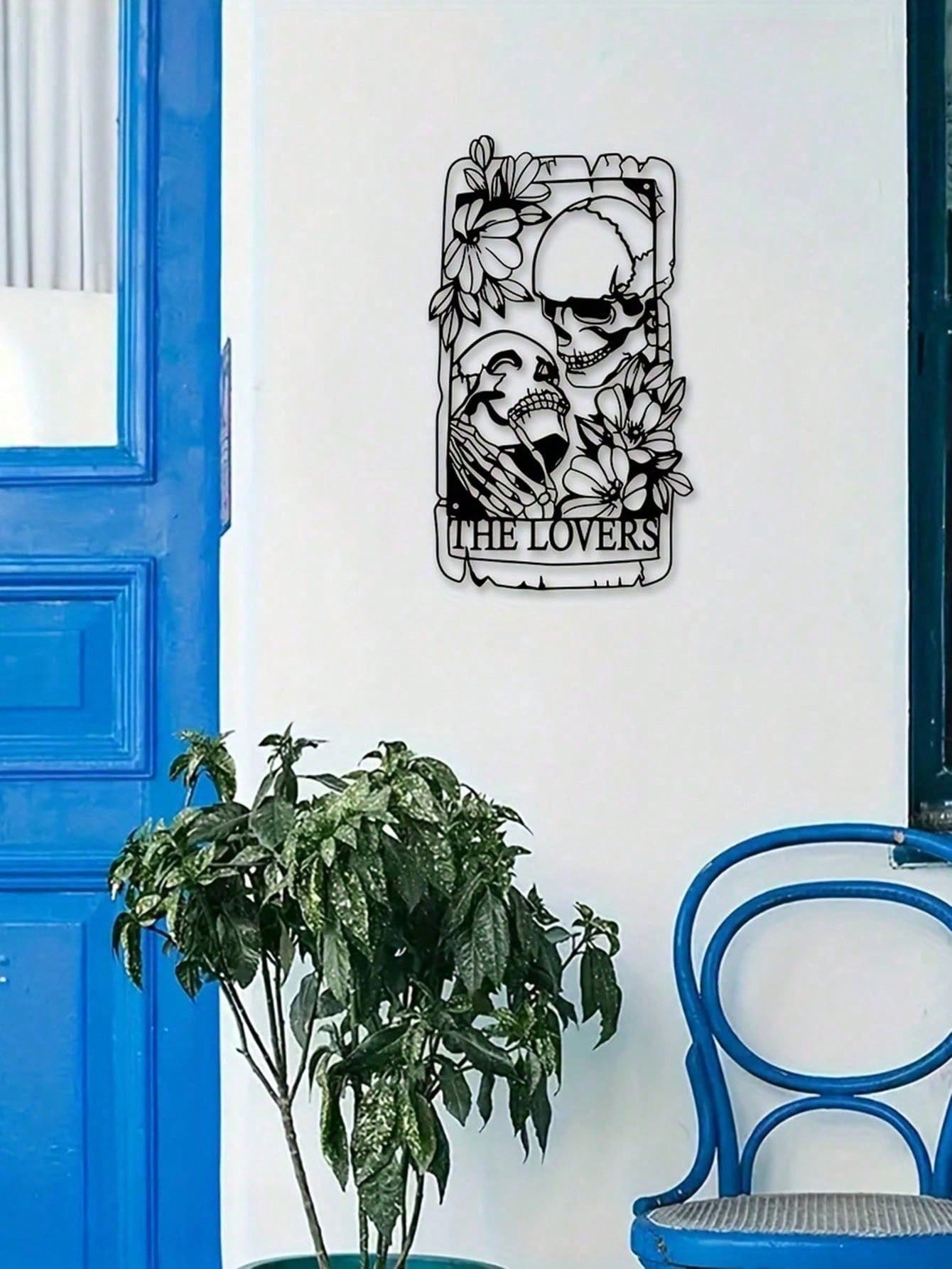 "Exquisite Bohemian Gothic Metal Skull Couple Wall Art – Handcrafted Indoor/Outdoor Decor for Home, Courtyard, Balcony & Garden"