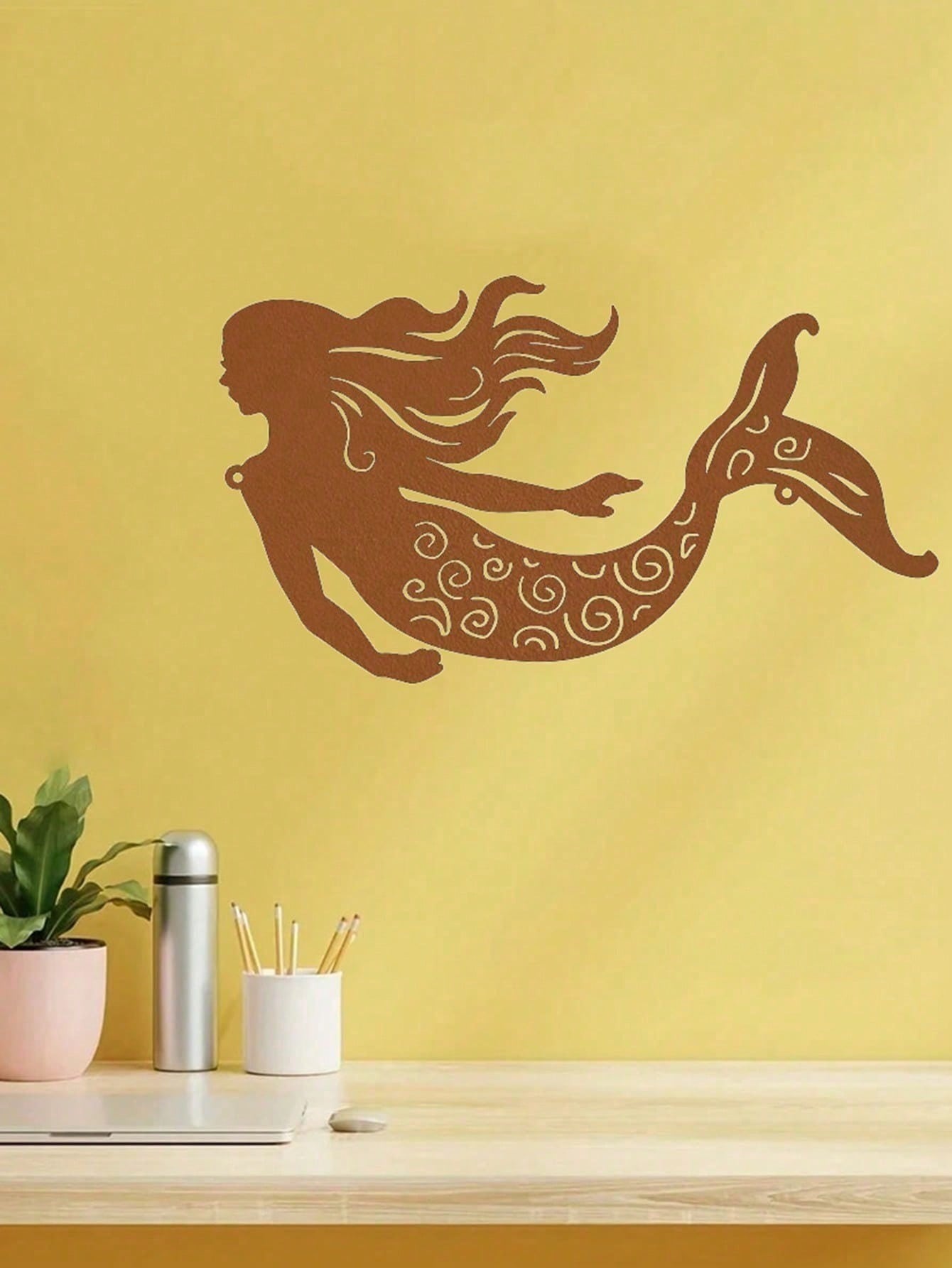 "1pc Rustic Metal Mermaid Wall Art - Handcrafted Outdoor & Indoor Wall Decor for Patio, Garden, Living Room, Bedroom - Unique Housewarming Gift, Coastal Home Decor, Beach-Themed Wall Hanging"
