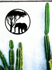 " Black Metal Iron Wall Art - Elegant Elephant & Tree Circle Design, Nature-Inspired Home Decor for Indoor & Outdoor Spaces, Unique Personalized Gift for Housewarming, Wedding, or Anniversary"