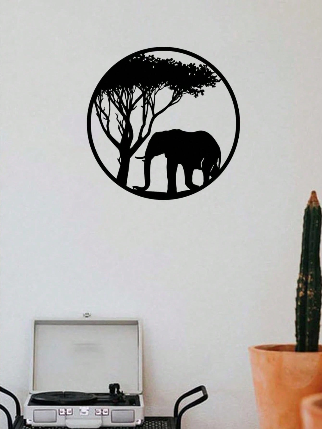 " Black Metal Iron Wall Art - Elegant Elephant & Tree Circle Design, Nature-Inspired Home Decor for Indoor & Outdoor Spaces, Unique Personalized Gift for Housewarming, Wedding, or Anniversary"