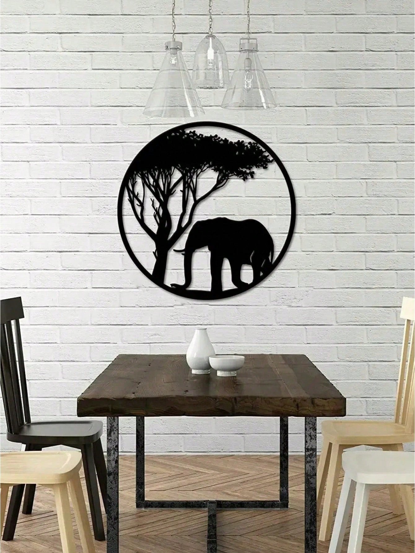 " Black Metal Iron Wall Art - Elegant Elephant & Tree Circle Design, Nature-Inspired Home Decor for Indoor & Outdoor Spaces, Unique Personalized Gift for Housewarming, Wedding, or Anniversary"