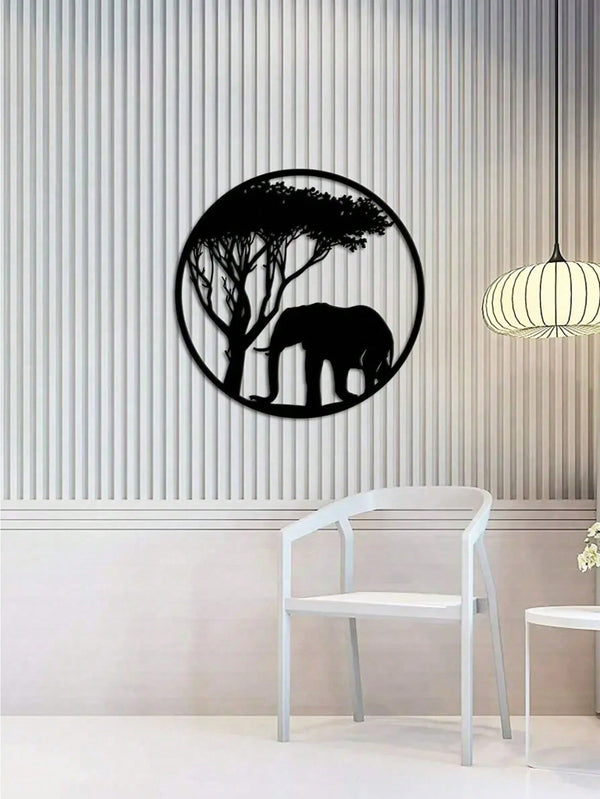 " Black Metal Iron Wall Art - Elegant Elephant & Tree Circle Design, Nature-Inspired Home Decor for Indoor & Outdoor Spaces, Unique Personalized Gift for Housewarming, Wedding, or Anniversary"