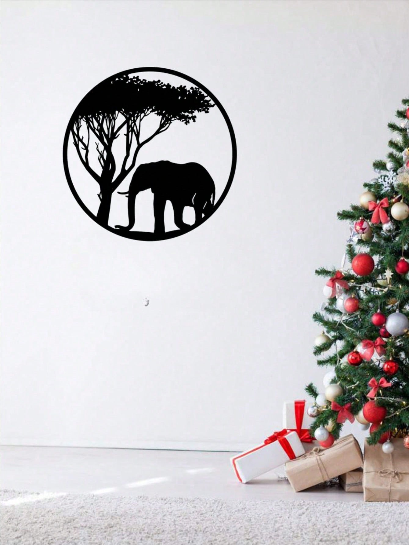 " Black Metal Iron Wall Art - Elegant Elephant & Tree Circle Design, Nature-Inspired Home Decor for Indoor & Outdoor Spaces, Unique Personalized Gift for Housewarming, Wedding, or Anniversary"