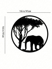 " Black Metal Iron Wall Art - Elegant Elephant & Tree Circle Design, Nature-Inspired Home Decor for Indoor & Outdoor Spaces, Unique Personalized Gift for Housewarming, Wedding, or Anniversary"