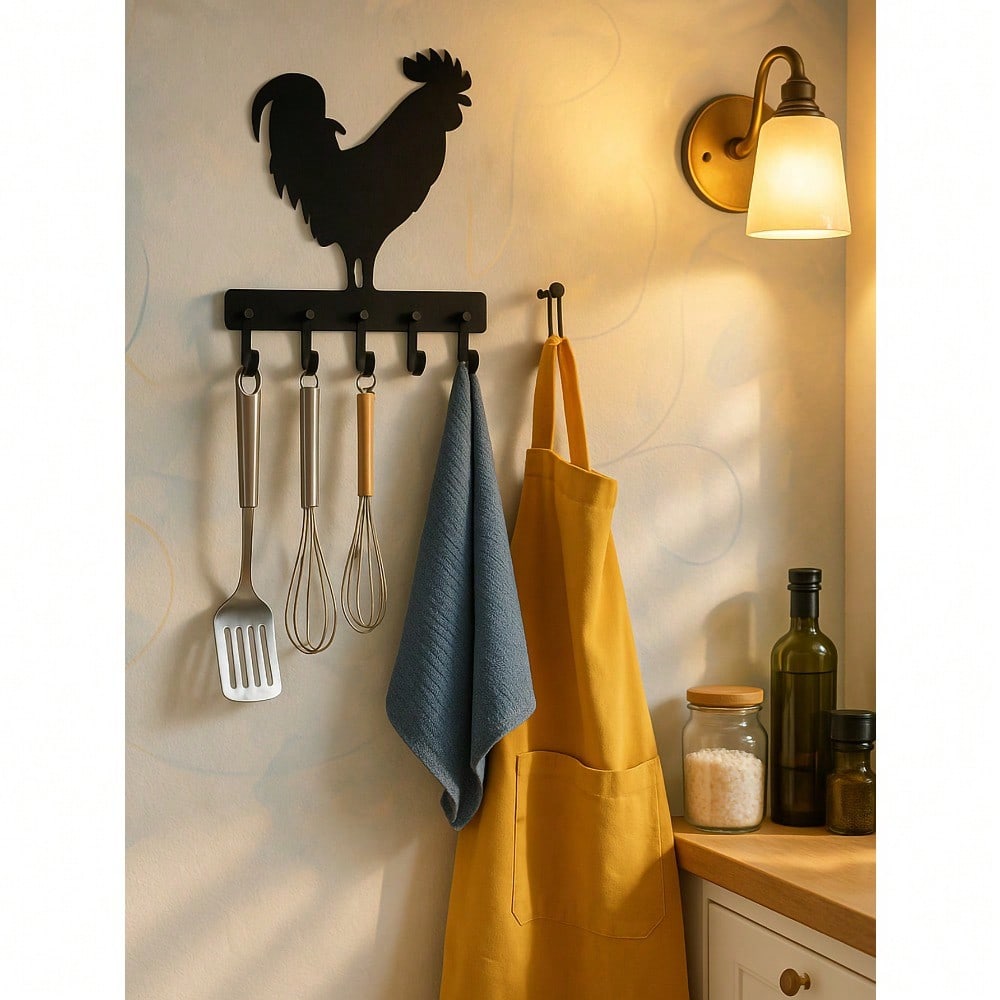1 PC, Country Chic Decor Midnight Rooster Wall Hook - Matte Black Farm Metal Hanger With Comb Texturing | Rustic Organizer For Keys & Aprons , Applicable To Multiple Areas Such As Lounges And Sleeping Quarters.
