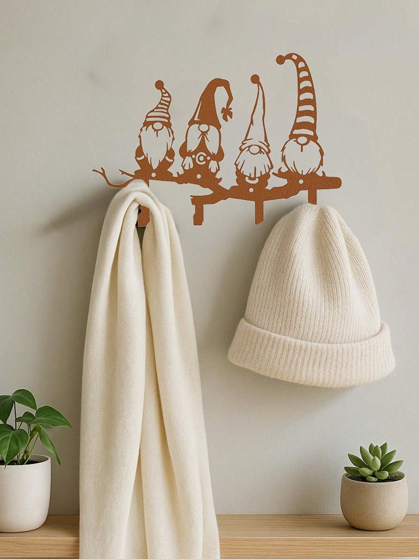1pc Keychain Wall Art - Rustic 4 Hooks Rack With Mushroom And Mustache Pattern | Entryway Organizer, Distressed Rust. Suitable For Home Keys, Small Accessories, Wall Mounted Storage Rack, Wall Decoration, Suitable For Home And Holiday Decoration, Suitable Main image
