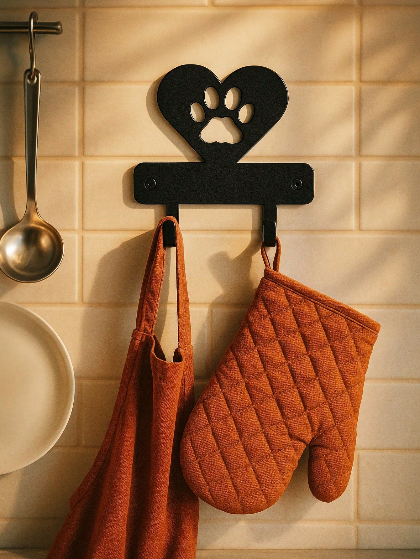 1 PC Black Wrought Iron Dog Paw And Heart Key Holder Wall Mount - Elegant Animal Themed Key Rack And Wall Decor Organizer For Home And Entryway, Versatile Hooks For Keys, Leashes, Bags, And Accessories, Metal Mounting Design, Modern Rustic Accent For Livi