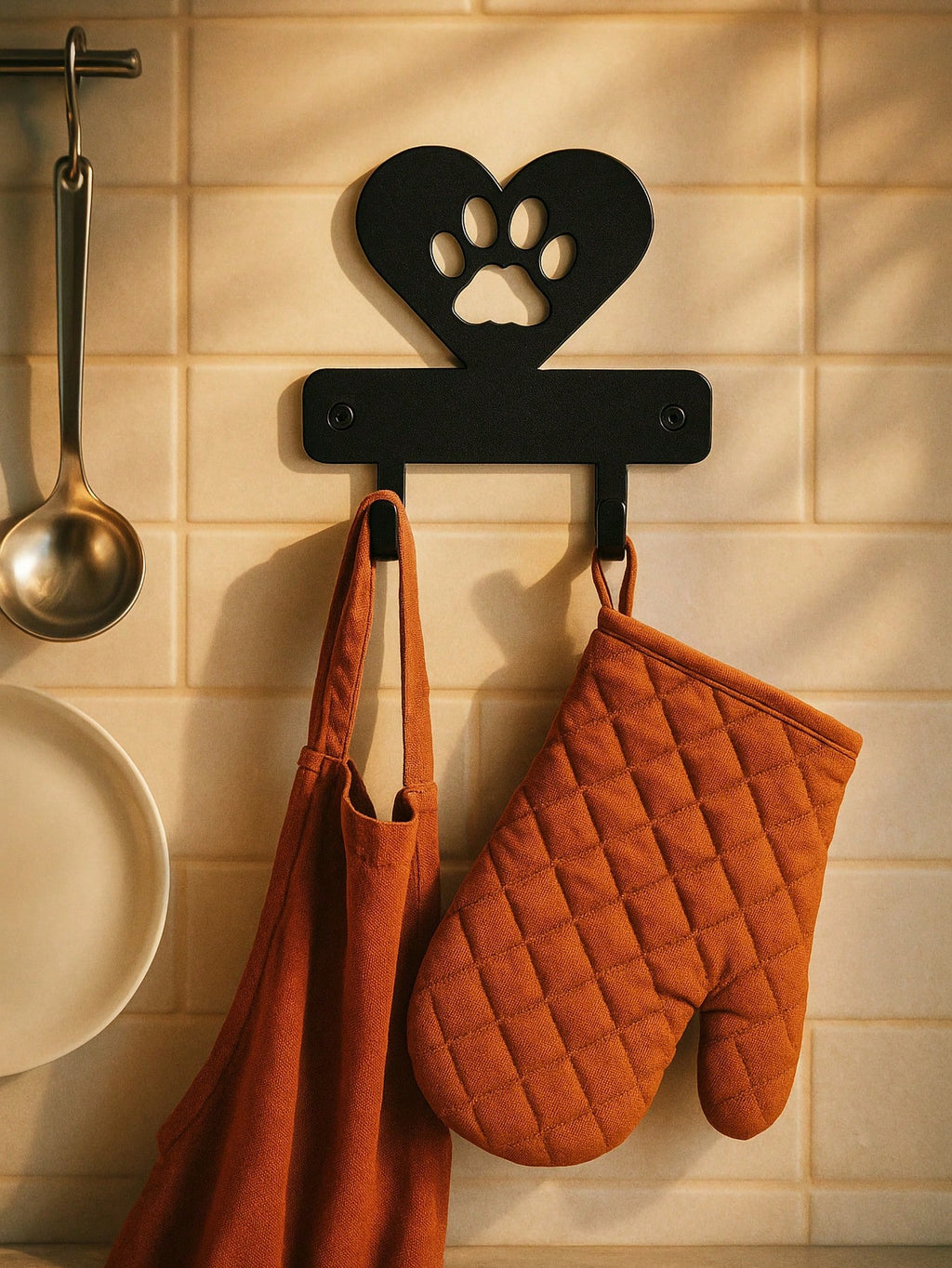 1 PC Black Wrought Iron Dog Paw And Heart Key Holder Wall Mount - Elegant Animal Themed Key Rack And Wall Decor Organizer For Home And Entryway, Versatile Hooks For Keys, Leashes, Bags, And Accessories, Metal Mounting Design, Modern Rustic Accent For Livi