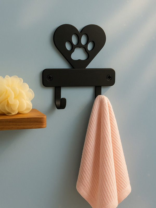 1 PC Black Wrought Iron Dog Paw And Heart Key Holder Wall Mount - Elegant Animal Themed Key Rack And Wall Decor Organizer For Home And Entryway, Versatile Hooks For Keys, Leashes, Bags, And Accessories, Metal Mounting Design, Modern Rustic Accent For Livi
