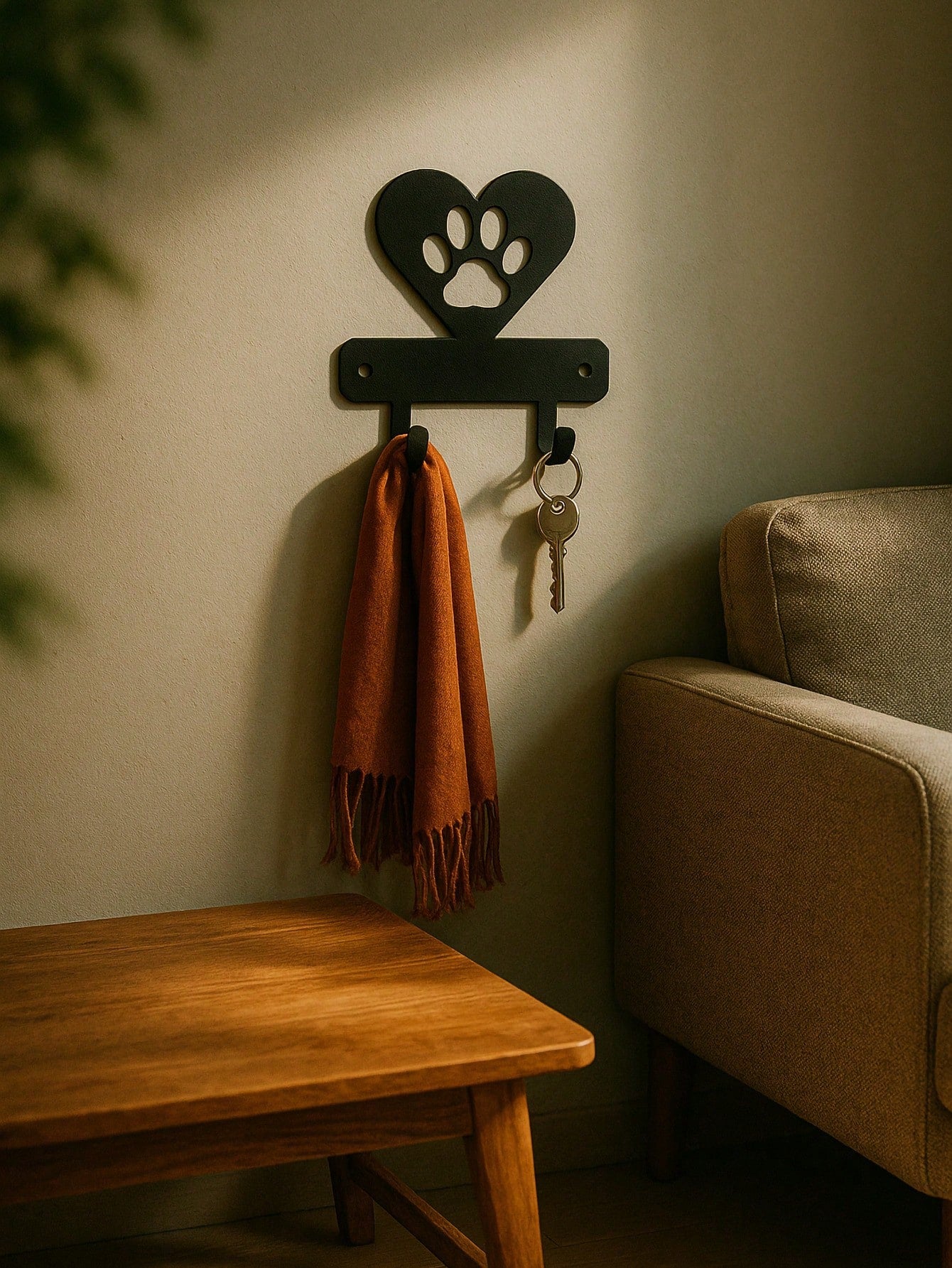 1 PC Black Wrought Iron Dog Paw And Heart Key Holder Wall Mount - Elegant Animal Themed Key Rack And Wall Decor Organizer For Home And Entryway, Versatile Hooks For Keys, Leashes, Bags, And Accessories, Metal Mounting Design, Modern Rustic Accent For Livi