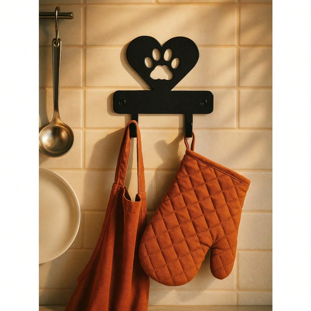 1 PC Black Wrought Iron Dog Paw And Heart Key Holder Wall Mount - Elegant Animal Themed Key Rack And Wall Decor Organizer For Home And Entryway, Versatile Hooks For Keys, Leashes, Bags, And Accessories, Metal Mounting Design, Modern Rustic Accent For Livi