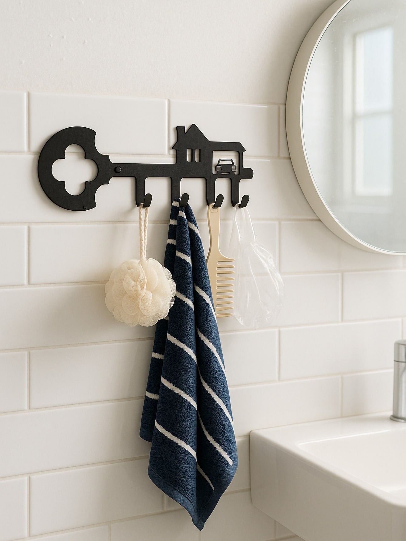 1 PC Key-Shaped Wall Hook Rack, Wrought Iron Key Holder With House & Car Symbols - Wall Mounted Entryway Organizer, Artistic Home Decor.Suitable For Modern Home Decor, Home Decoration, Room Decor, Bedroom Decor, Bathroom Decor Main image
