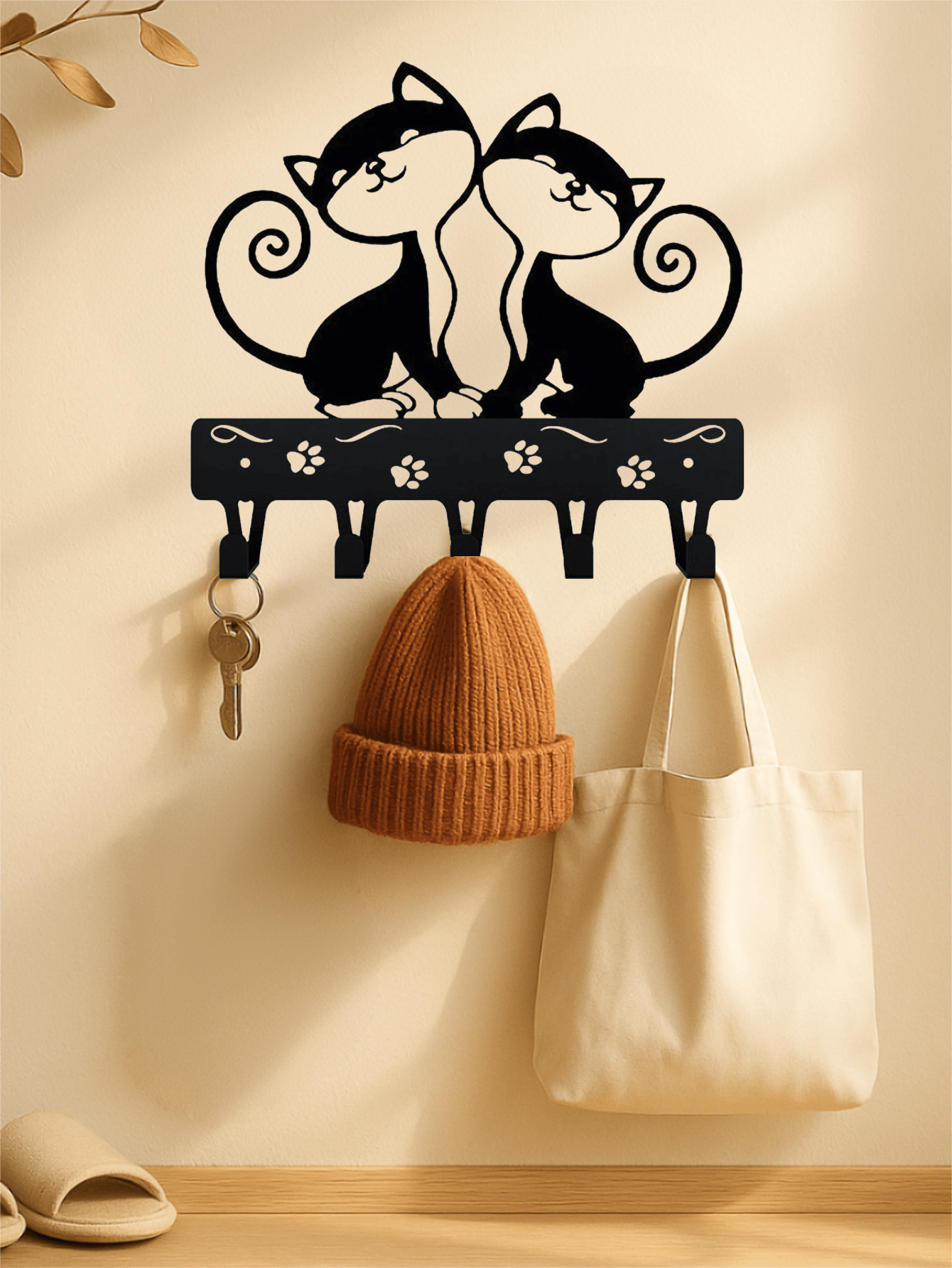 1 PC Cute Two Black Cats Featured Design Storage Rack Wall Rack With Wall Hook Keychain Cat Decorative Hook Hanger Iron Hook Wall Hanging Hook, Suitable For Modern Home Decor, Home Decoration