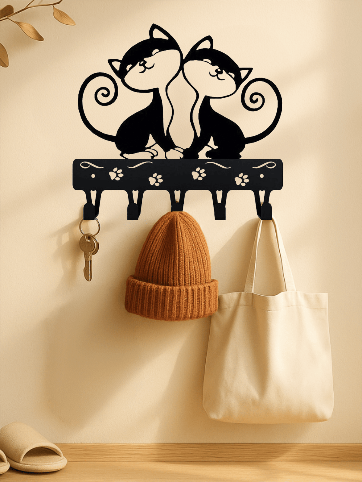1 PC Cute Two Black Cats Featured Design Storage Rack Wall Rack With Wall Hook Keychain Cat Decorative Hook Hanger Iron Hook Wall Hanging Hook, Suitable For Modern Home Decor, Home Decoration