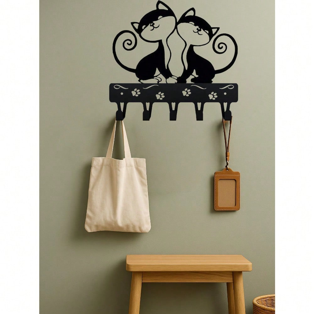1 PC Cute Two Black Cats Featured Design Storage Rack Wall Rack With Wall Hook Keychain Cat Decorative Hook Hanger Iron Hook Wall Hanging Hook, Suitable For Modern Home Decor, Home Decoration