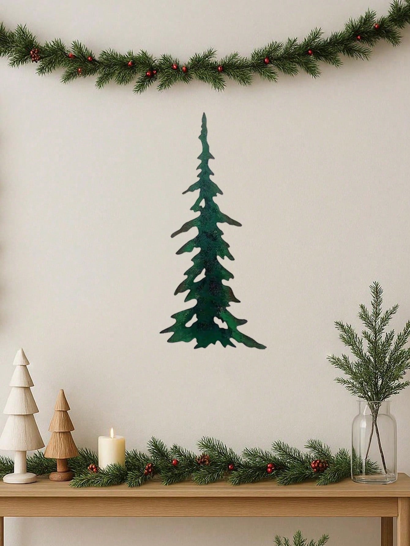 1pc elegant green metal wall art featuring a tree motif, crafted with intricate details for a nature-inspired aesthetic. Perfect as a stylish living room accent or durable outdoor decoration. Adds a refreshing botanical touch to any space while resisting