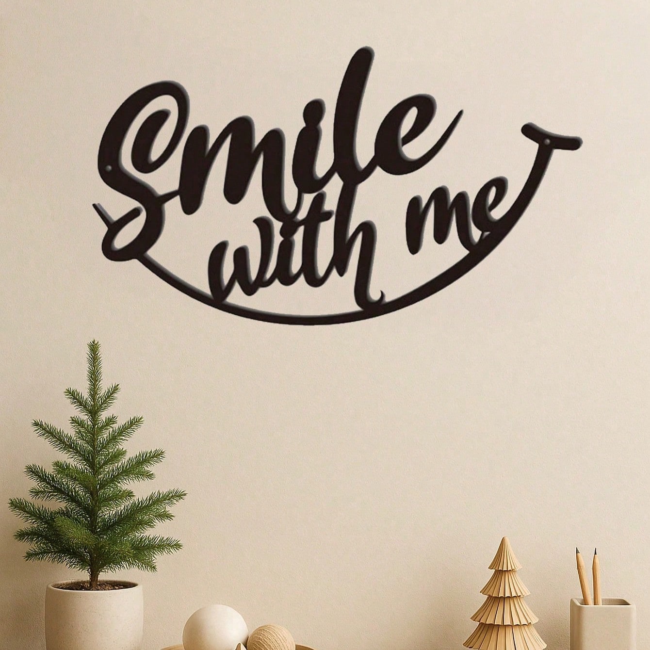 1 PC Positive Affirmation Iron Wall Art - "Smile With Me" Black Metal Sign With Distressed Finish, Uplifting Decor For Living Room Entryway, Therapy Grade Emotional Decor Gift, Suitable For Christmas, Halloween, Thanksgiving, Valentine's Day Gifts