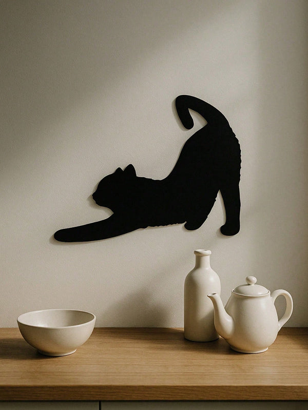 1 Pc Enchanting Metal Wall Panel of Stretching Cat | Exquisite Cat Silhouette Wall Decoration Sticker. This graceful iron art silhouette showcases a fascinating hanging wall art. It adds a touch of charm and playfulness, creating a captivating atmosphere