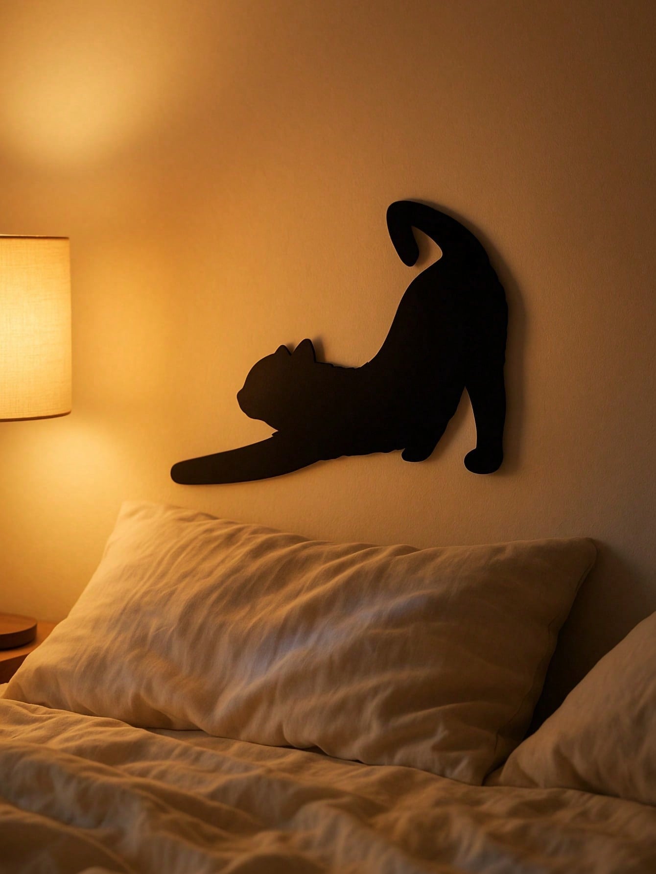 1 Pc Enchanting Metal Wall Panel of Stretching Cat | Exquisite Cat Silhouette Wall Decoration Sticker. This graceful iron art silhouette showcases a fascinating hanging wall art. It adds a touch of charm and playfulness, creating a captivating atmosphere