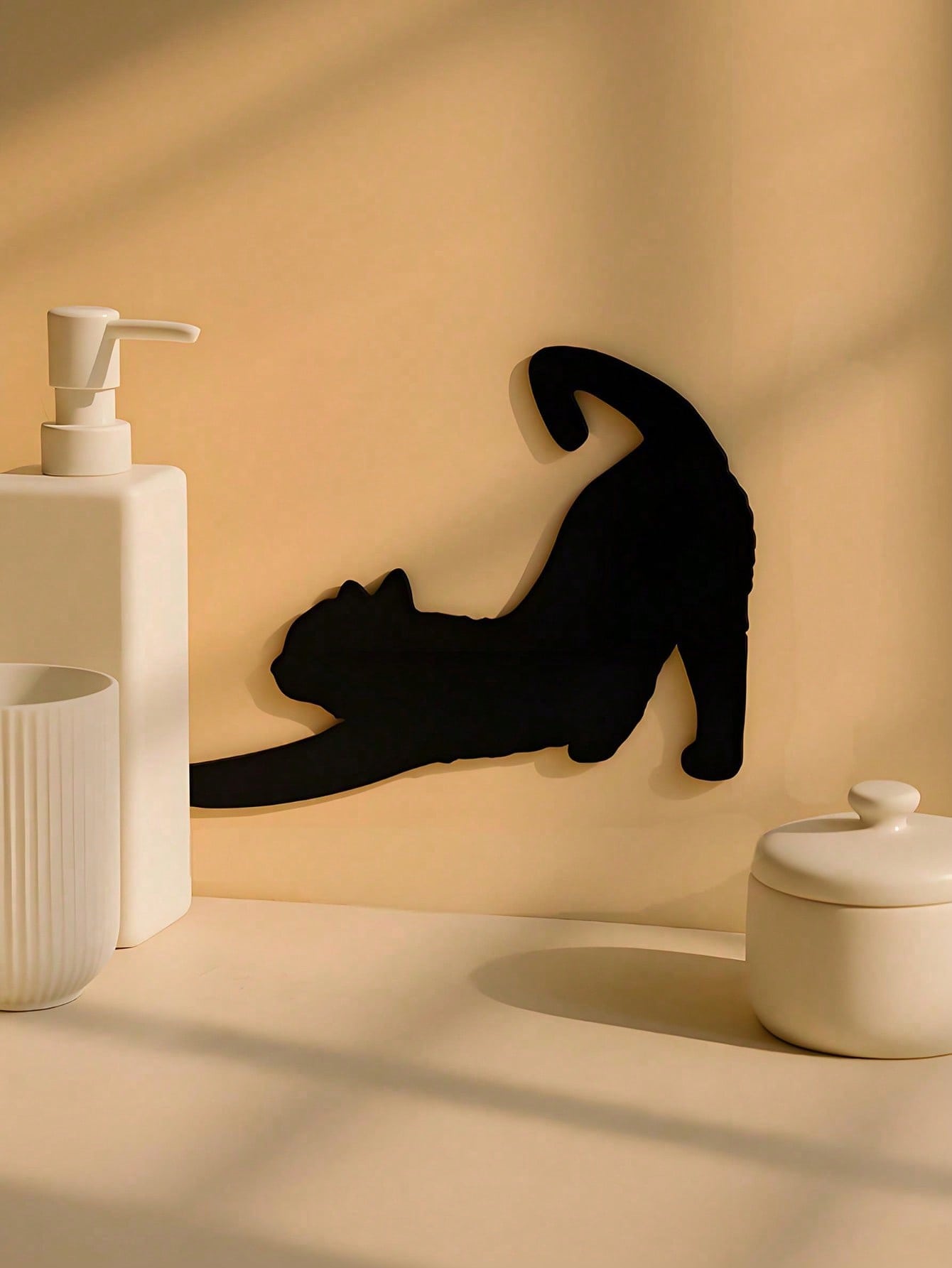 1 Pc Enchanting Metal Wall Panel of Stretching Cat | Exquisite Cat Silhouette Wall Decoration Sticker. This graceful iron art silhouette showcases a fascinating hanging wall art. It adds a touch of charm and playfulness, creating a captivating atmosphere