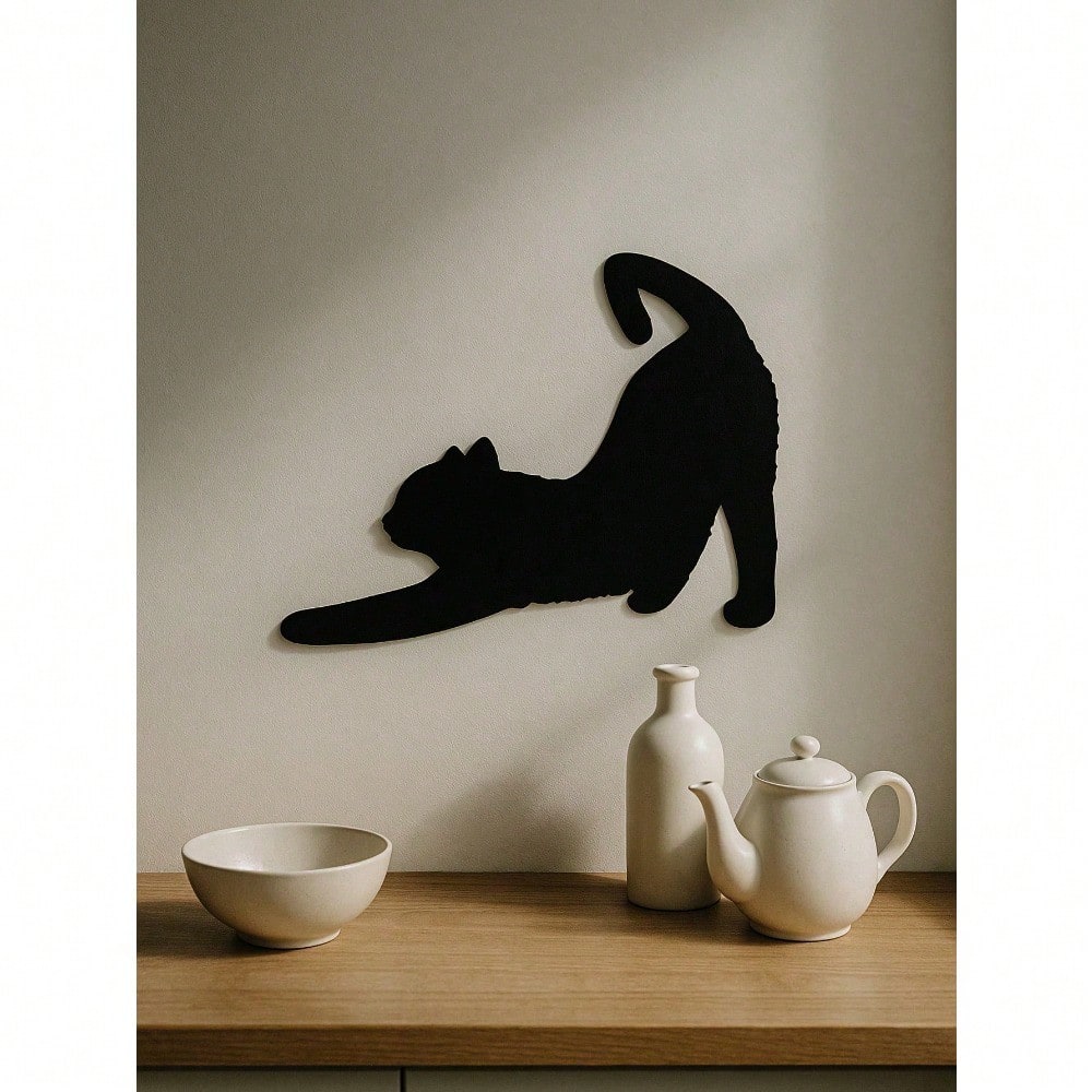 1 Pc Enchanting Metal Wall Panel of Stretching Cat | Exquisite Cat Silhouette Wall Decoration Sticker. This graceful iron art silhouette showcases a fascinating hanging wall art. It adds a touch of charm and playfulness, creating a captivating atmosphere