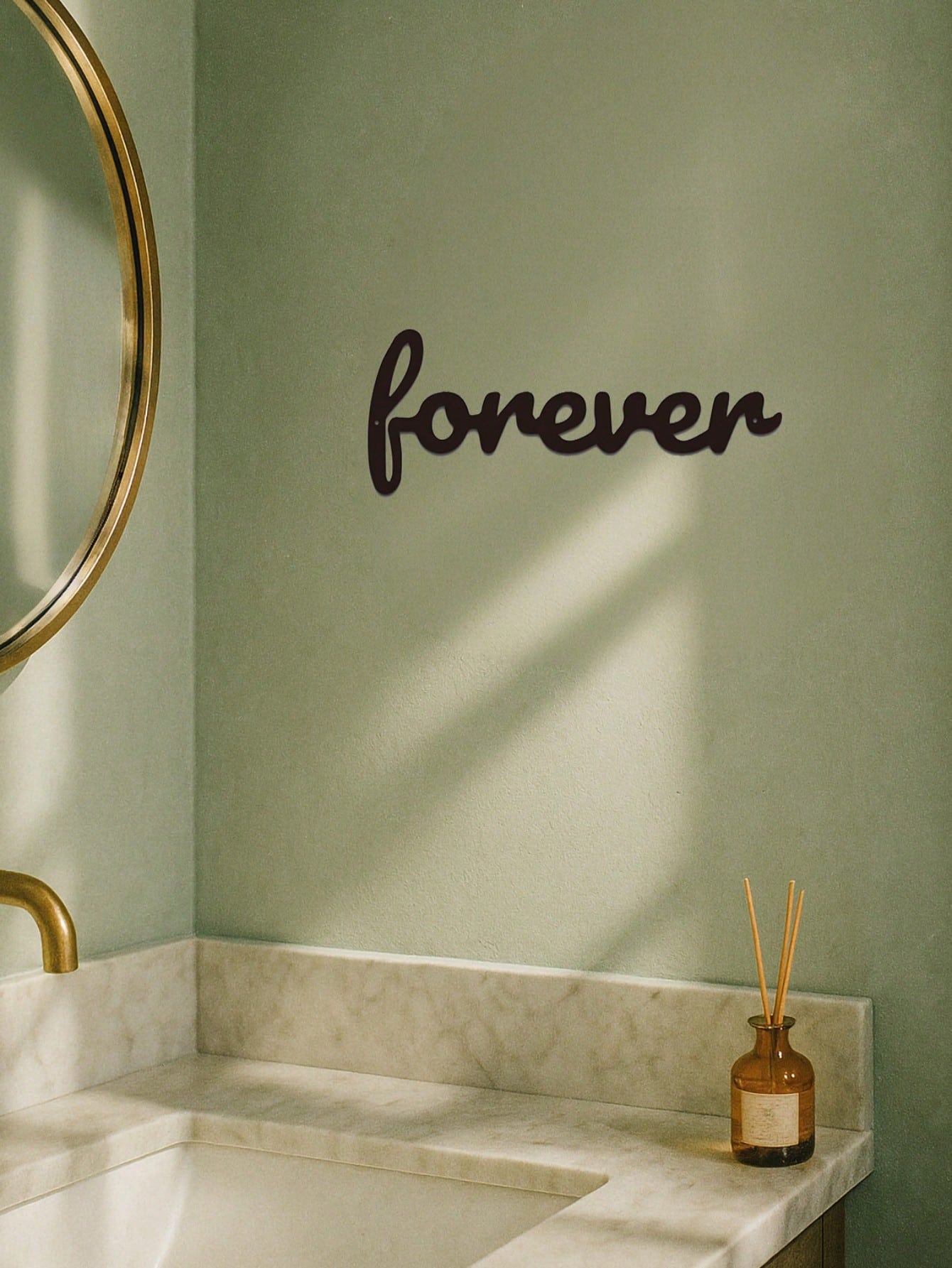 This "Forever" modern home decor piece is perfect for bedrooms, living rooms, and bathrooms. Crafted with premium materials and century-old baking paint technology, it features waterproof, rust-resistant, and fade-proof properties. The sturdy design ensur
