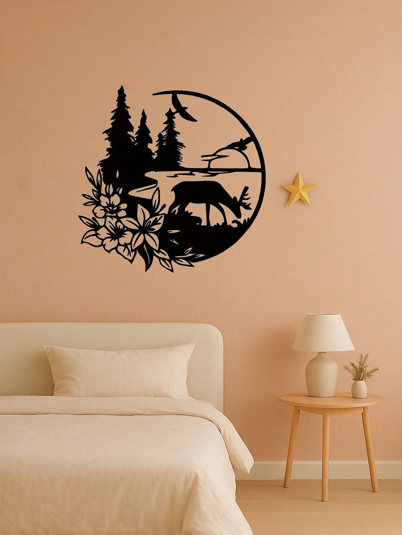 1PC Twilight Forest Metal Wall Art - Laser Cut Deer, River & Birds Silhouette with Sunset Motif, Nature-Themed Decor for Living Room or Study,Suitable for Christmas, Halloween, Thanksgiving, Valentine's Day Gifts, Suitable for Modern Home Decor, Home Deco Main image