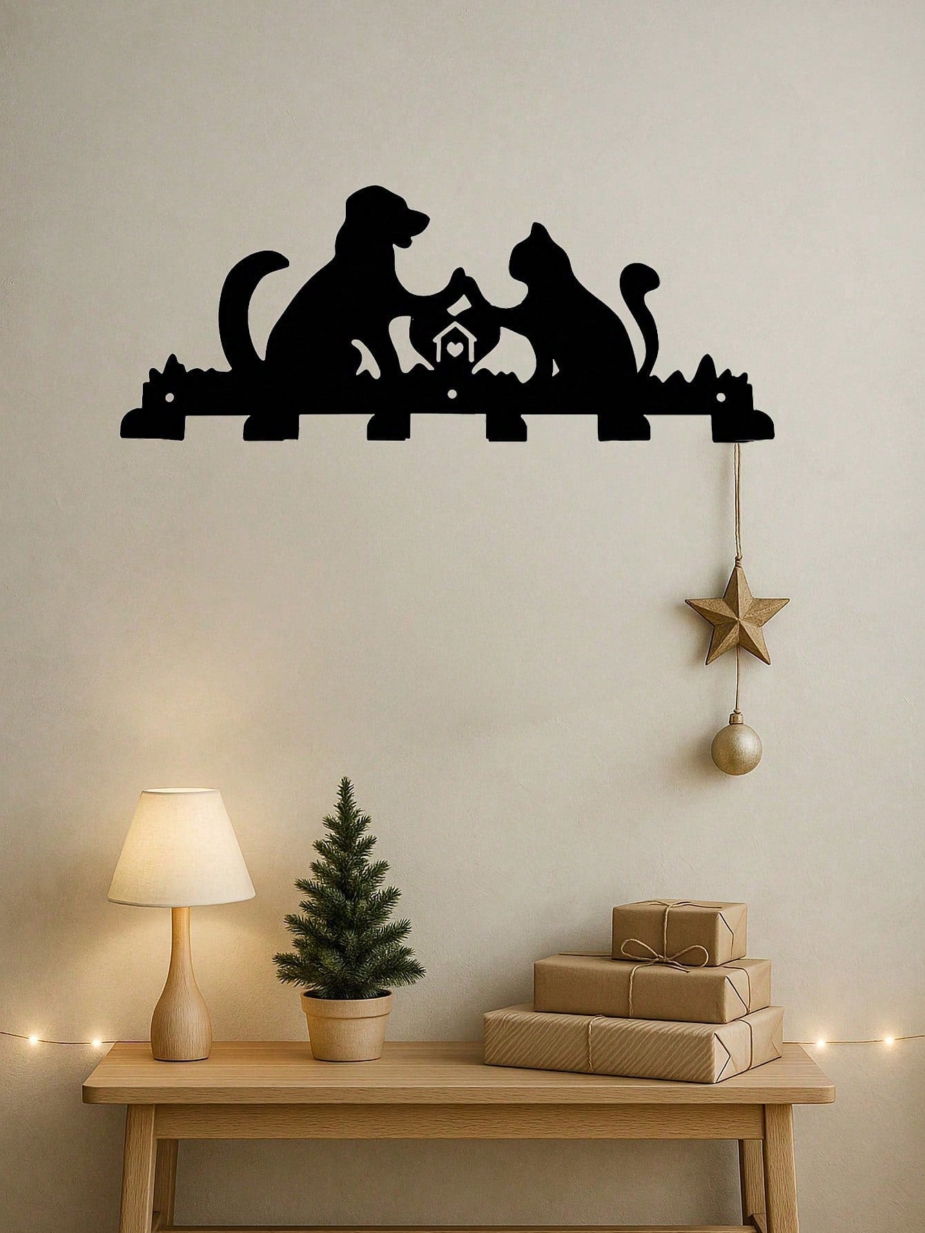 1PC Cozy Hearth Pet Hooks - Laser Cut Dog & Cat Warming By Fireplace Scene, 6-Hook Wall Organizer for Leashes & Mittens, Rustic Farmhouse Entryway Decor, Suitable for Christmas, Halloween, Thanksgiving, Valentine's Day Gifts, Suitable for Modern Home Deco