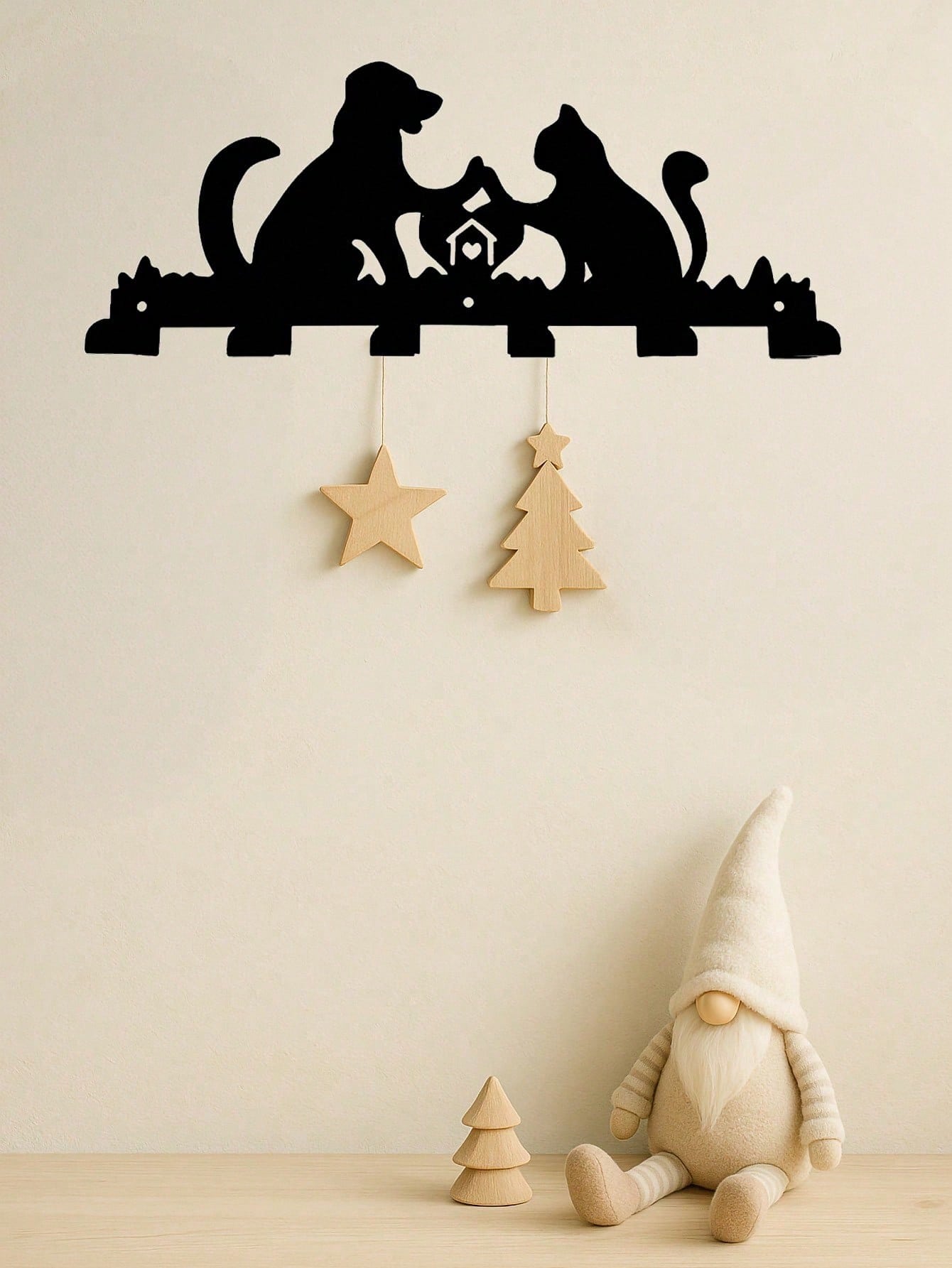 1PC Cozy Hearth Pet Hooks - Laser Cut Dog & Cat Warming By Fireplace Scene, 6-Hook Wall Organizer for Leashes & Mittens, Rustic Farmhouse Entryway Decor, Suitable for Christmas, Halloween, Thanksgiving, Valentine's Day Gifts, Suitable for Modern Home Deco