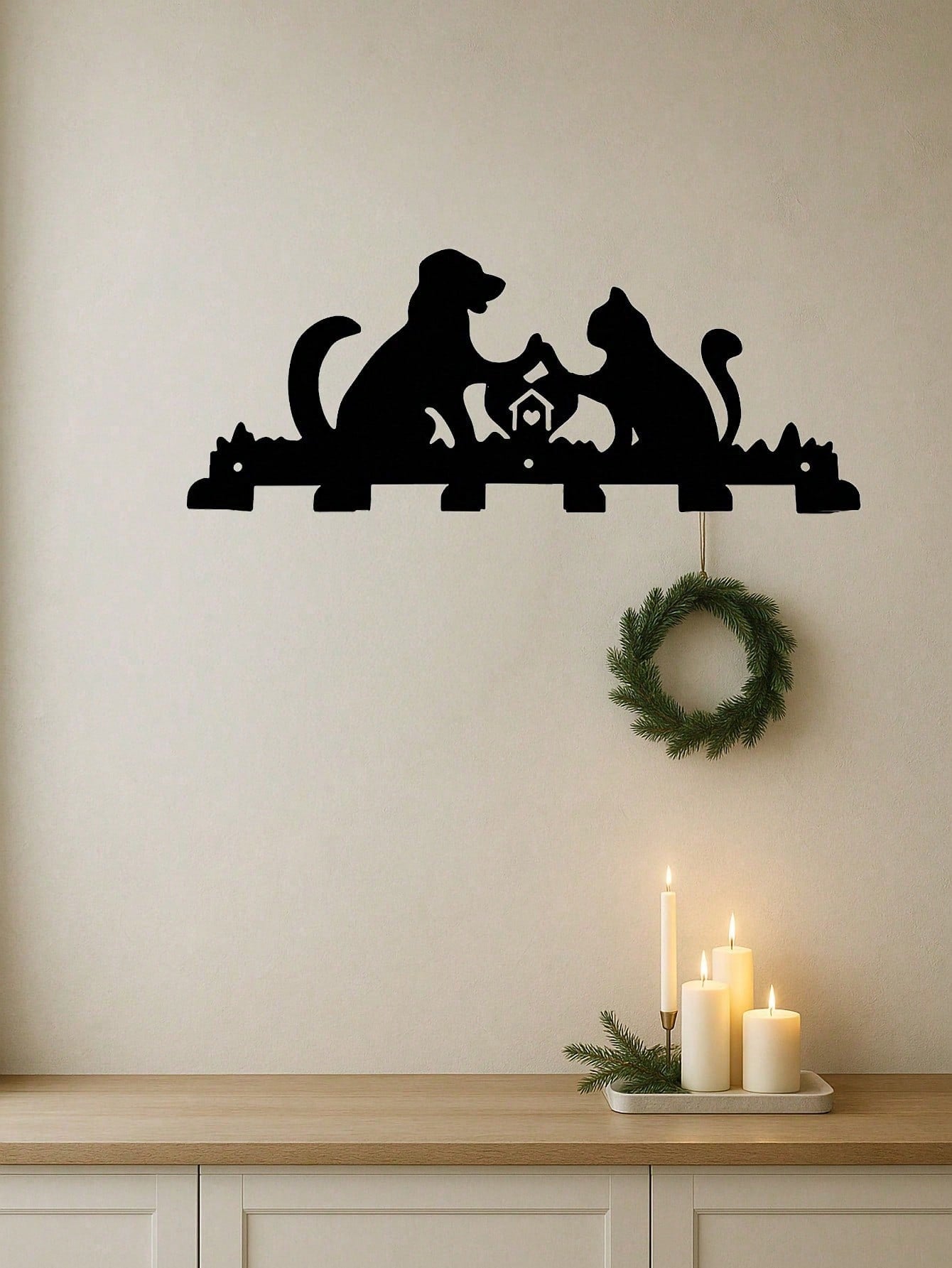 1PC Cozy Hearth Pet Hooks - Laser Cut Dog & Cat Warming By Fireplace Scene, 6-Hook Wall Organizer for Leashes & Mittens, Rustic Farmhouse Entryway Decor, Suitable for Christmas, Halloween, Thanksgiving, Valentine's Day Gifts, Suitable for Modern Home Deco