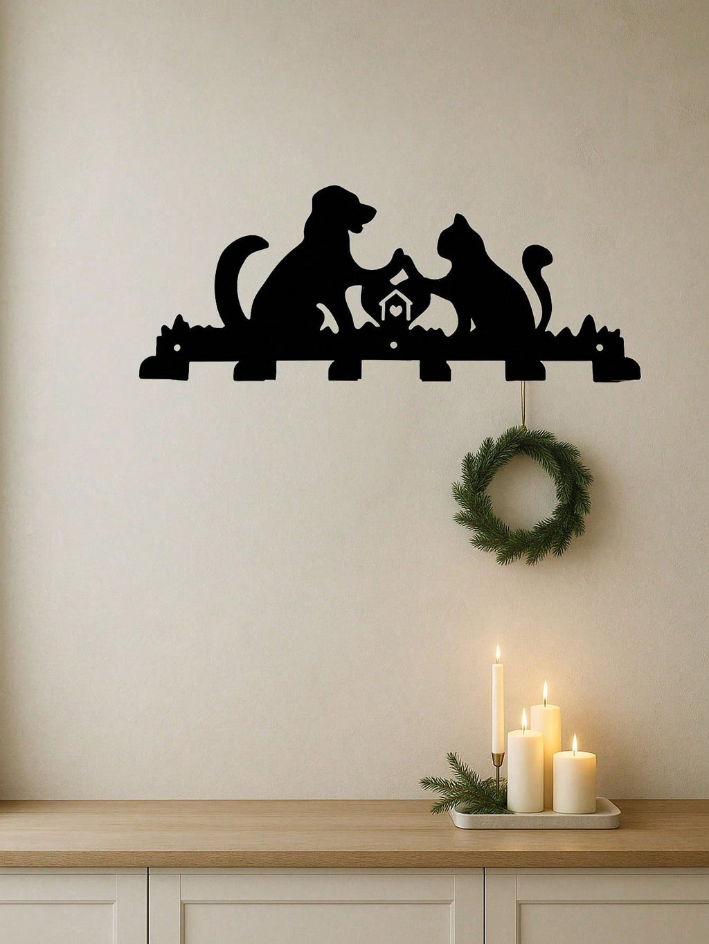 1PC Cozy Hearth Pet Hooks - Laser Cut Dog & Cat Warming By Fireplace Scene, 6-Hook Wall Organizer for Leashes & Mittens, Rustic Farmhouse Entryway Decor, Suitable for Christmas, Halloween, Thanksgiving, Valentine's Day Gifts, Suitable for Modern Home Deco